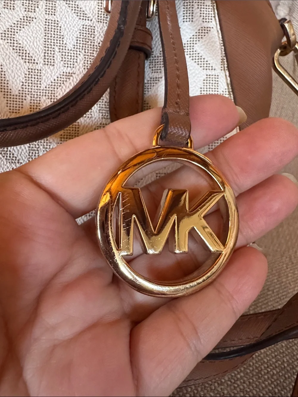 Michael Kors Brown & Beige Signature Dome Satchel with Gold Hardware